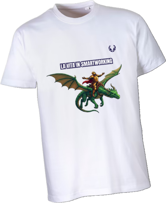T-shirt bianca con drago e cavaliere: la vita in smartworking