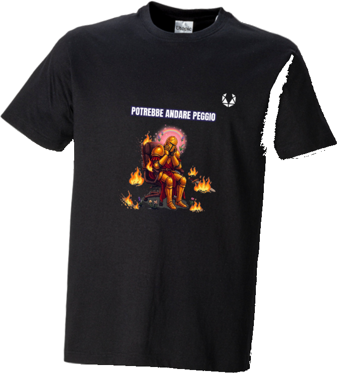 T-shirt nera con cavaliere tra le fiamme: potrebbe andare peggio